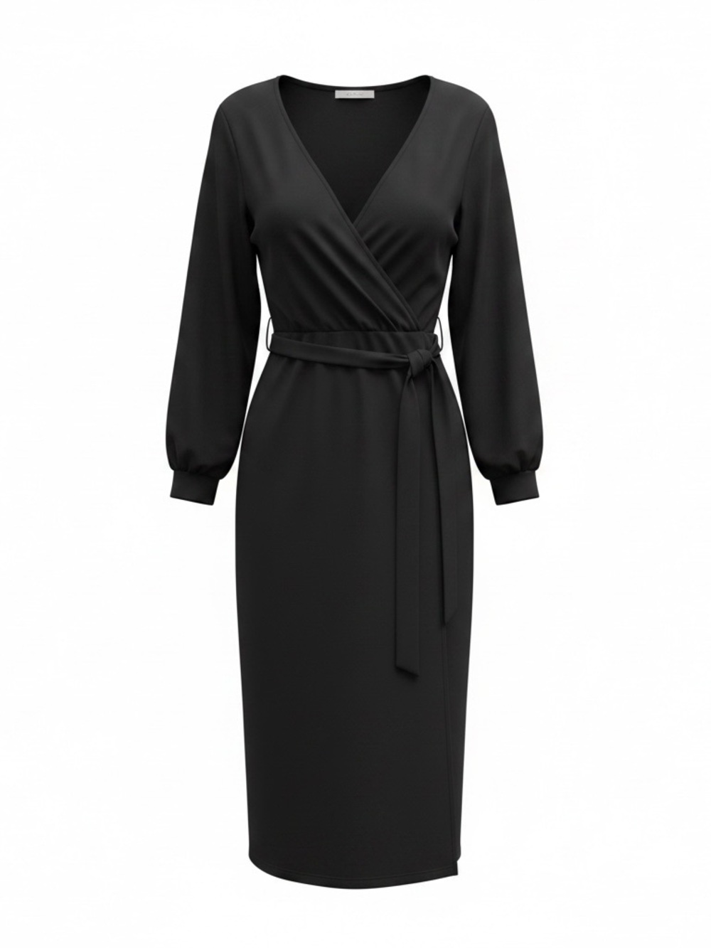 Women's Black Wrap Midi Dress with Tie Belt